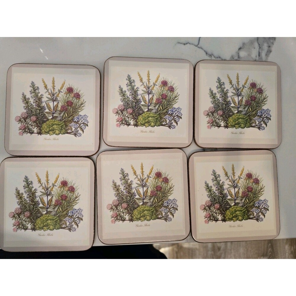 VTG 1980's Pimpernel Cork Backed Coasters Garden Herbs S/6. Made In England